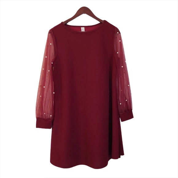 Burgundy Red Mesh White Pearl Long Sleeve Dress - Picture 5 of 13